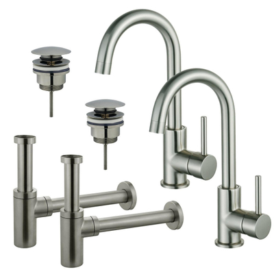 FugaFlow Eccelente Sobrado Kit robinet lavabo - pour double vasque - robinet haut - bec rotatif - bonde clic clac - siphon design - Inox brossé PVD