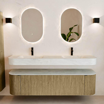 MONDIAZ THOR-DLUX Meuble de salle de bains 170cm arrondi gauche + droite couleur Dusk avec 1 tiroir et 2 portes. Vasque suspendue CLOUD Double 2 trous de robinet couleur Opalo.