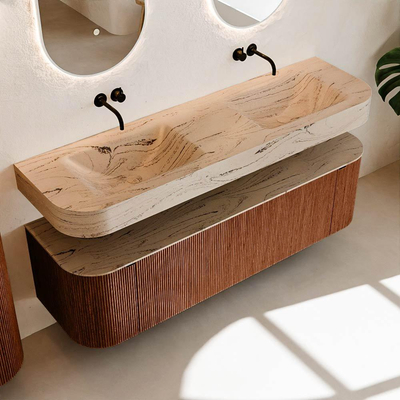 MONDIAZ THOR-DLUX 160cm meuble de salle de bains arrondi gauche + droite couleur Ruby avec 1 tiroir et 2 portes. Vasque suspendue CLOUD Double sans trou de robinet couleur Arena.