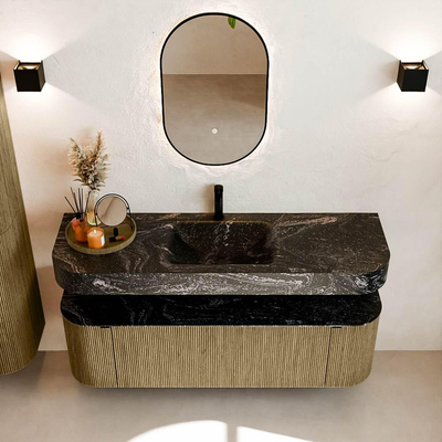 MONDIAZ THOR-DLUX 150cm meuble de salle de bains arrondi gauche + droite couleur Dusk avec 1 tiroir et 2 portes. Vasque suspendue CLOUD Milieu 1 trou de robinet couleur Lava.