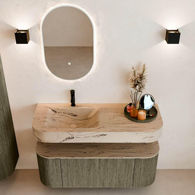 MONDIAZ THOR-DLUX 120cm meuble de salle de bains arrondi gauche + droite couleur Shadow avec 1 tiroir et 2 portes. Vasque suspendue CLOUD Gauche 1 trou de robinet couleur Arena.