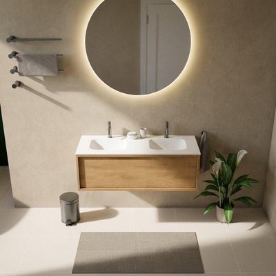 Saniclass Holz Frame Ensemble meuble de salle de bains - 120x45x41.5cm - Flow lavabo en solid surface blanc - 2 vasques - 2 trous de robinetterie - 1 tiroir - chêne natural mat (bois)