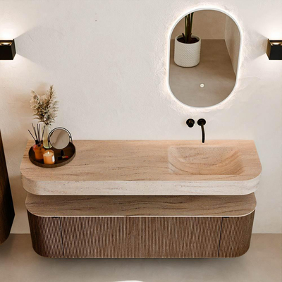 MONDIAZ THOR-DLUX 160cm badmeubel ronding links + rechts kleur Walnut met 1 lade en 2 deuren. Vrijhangende wastafel CLOUD Rechts zonder kraangat kleur Saba.