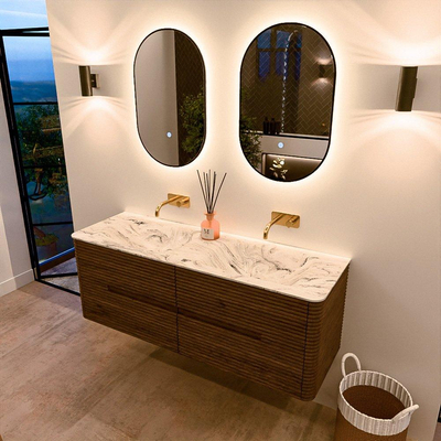 Mondiaz CIRO-DLUX Badkamermeubelset - 140x45x50cm - Solid surface wastafel Glace - 2 wasbak Dubbel - zonder kraangaten - 4 lades - Dusk