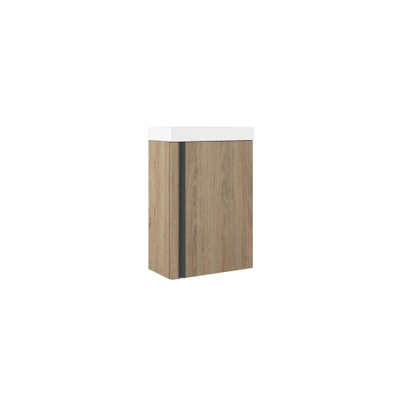 Saniclass Chaci Ensemble meuble lave-mains - 40x55cm - 1 porte - lavabo fontaine en marbre minéral - avec miroir rectangulaire - chêne