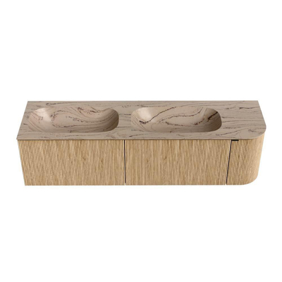 MONDIAZ KURVE-DLUX 165cm badmeubel ronding Rechts kleur Oak met 2 lades en 1 deur. Wastafel STOR SMALL Dubbel / Links 2 kraangaten Arena.