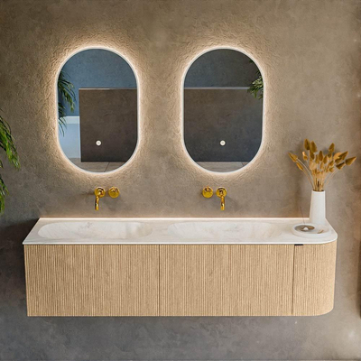MONDIAZ KURVE-DLUX meuble de salle de bains 165cm avec module 25 R couleur chêne avec 2 tiroirs et 1 porte. Lavabo STOR SMALL double / gauche sans trou de robinet couleur Ostra.