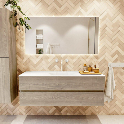 Mondiaz VICA ensemble de meuble de salle de bain - 140cm - meuble sous-vasque marron clair gris - 2 tiroirs - lavabo lune milieu - 1 trou de robinet - version haute de 60cm - talc