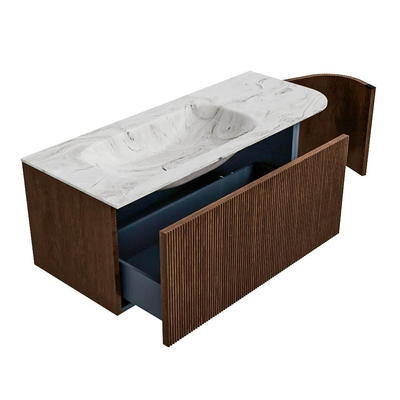 MONDIAZ KURVE-DLUX Meuble de salle de bains 115 cm avec module 25 R couleur Walnut avec 1 tiroir et 1 porte. Lavabo BIG SMALL gauche 1 trou de robinet couleur Glace.