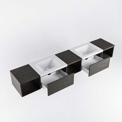 MONDIAZ BUKLA Meuble de salle de bains 240 cm avec module ouvert 40 L+M+R couleur Dark Brown avec 2 tiroirs. Lavabo CLOUD double 2 trous de robinet couleur Talc.