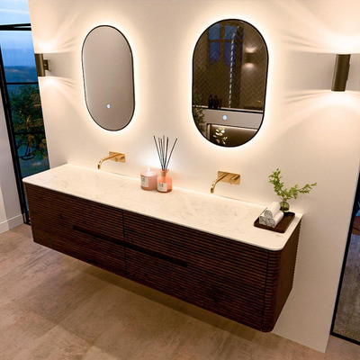 Mondiaz CIRO-DLUX Meuble de salle de bains - 190x45x50cm - vasque solid surface Opalo - 2 bacs Double - sans trous de robinet - 4 tiroirs - Noyer