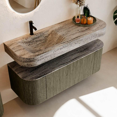 MONDIAZ THOR-DLUX 130cm meuble de salle de bains arrondi gauche + droite couleur Shadow avec 1 tiroir et 2 portes. Vasque suspendue CLOUD Gauche 1 trou de robinet couleur Oza.