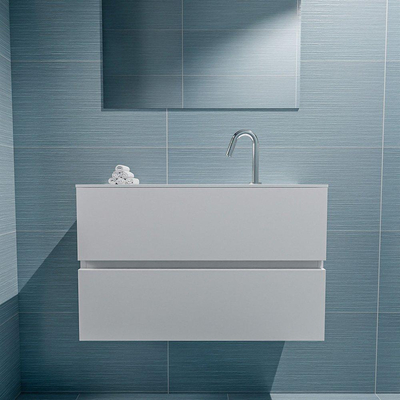 Mondiaz ADA Meuble lave-mains 80x30x50cm avec 1 trou de robinet 2 tiroirs Talc mat Lavabo Lex Centre Solid Surface Blanc