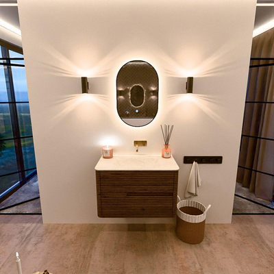 Mondiaz CIRO-DLUX Ensemble de meuble de salle de bains - 80x45x50cm - lavabo solid surface Opalo - 1 vasque au milieu - sans trous de robinet - 2 tiroirs - Dusk