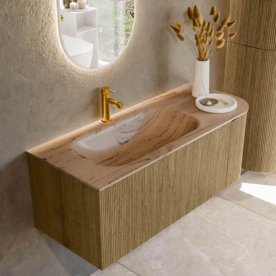 MONDIAZ KURVE-DLUX Meuble de salle de bains 115 cm arrondi à droite couleur Dusk avec 1 tiroir et 1 porte. Lavabo BIG SMALL gauche 1 trou de robinet Arena.