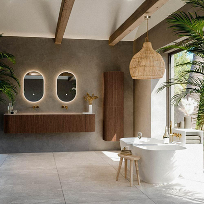 MONDIAZ KURVE-DLUX meuble de salle de bains 200cm arrondi gauche + droite couleur noyer avec 2 tiroirs et 2 portes. Lavabo STOR SMALL double sans trou de robinet Arena.