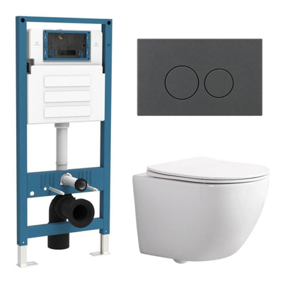 QeramiQ Dely Swirl Compact Toiletset - inbouwreservoir QeramiQ flush - slim zitting - kunststof bedieningsplaat mat antraciet - ronde knoppen - glans wit