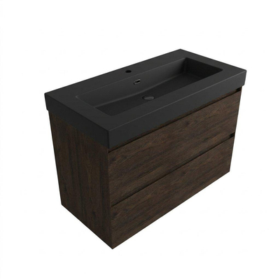 Saniclass Holz Pure Badkamermeubelset - 100x45x72cm - Legend keramische wastafel mat zwart - 1 wasbak - zonder kraangat - 2 lades - mat eiken charcoal (hout)