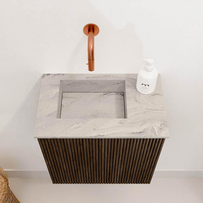 Mondiaz JOYA-DLUX Meuble de salle de bains - 40cm - couleur Walnut - Vasque FAYE position Gauche Sans trou de robinet couleur Glace