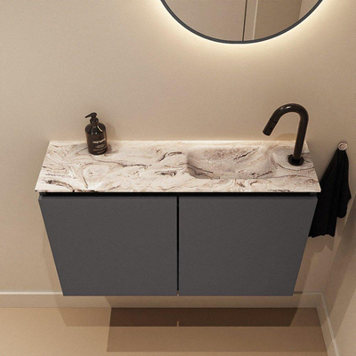 MONDIAZ TURE-DLUX Meuble toilette - 80cm - Dark Grey - EDEN - vasque Glace - position droite - 1 trou de robinet
