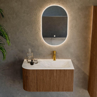 MONDIAZ KURVE-DLUX 85cm Meuble salle de bain avec module 25 G - couleur Walnut - 1 tiroir - 1 porte - vasque CLOUD droite - 1 trou de robinet - couleur Ostra