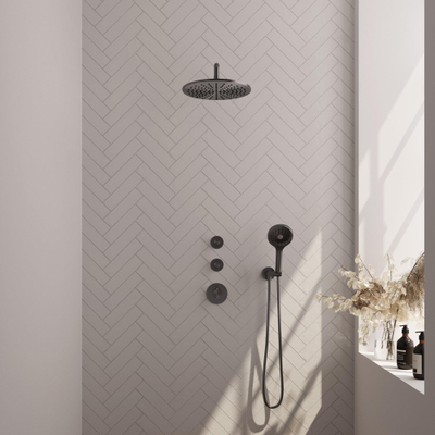 BRAUER Gunmetal Carving inbouw regendoucheset – Ø30 cm hoofddouche – 40 cm gebogen wandarm – vaste douchehouder