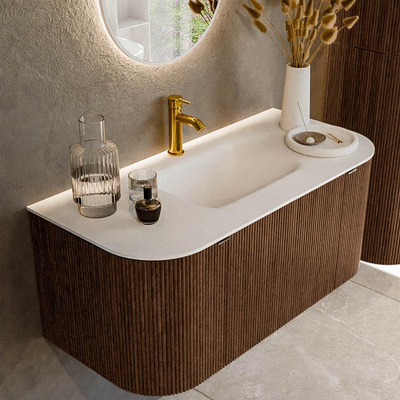 MONDIAZ KURVE 100cm badmeubel met module 25 Len R kleur Walnut met 1 lade en 2 deuren. Wastafel GRUNNE midden 1 kraangat Talc.