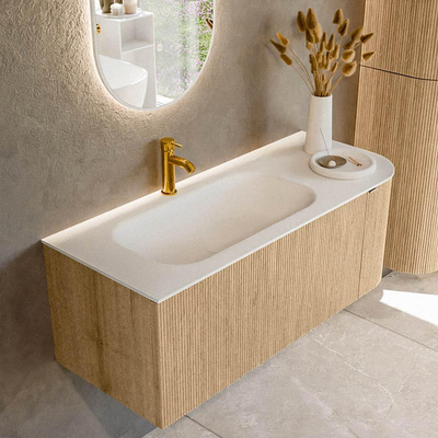 MONDIAZ KURVE meuble de salle de bains 115cm avec module 25 R couleur chêne avec 1 tiroir et 1 porte. Lavabo BIG SMALL gauche 1 trou de robinet Talc.