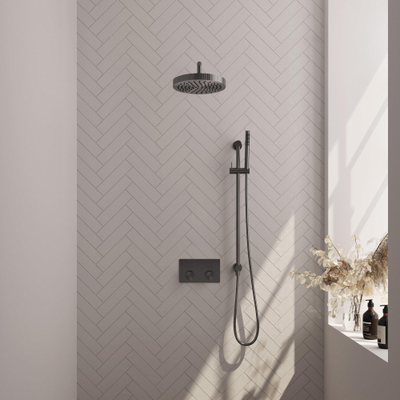 BRAUER Stripe Thermostatische Inbouw Regendouche - drukknoppen - 25cm douchekop - gebogen muurarm - staaf handdouche - doucheslang - geïntegreerde glijstang - gunmetal geborsteld PVD
