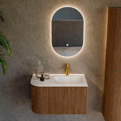 MONDIAZ KURVE 75cm Meuble salle de bain avec module 25 G - couleur Walnut - 1 tiroir - 1 porte - vasque GRUNNE droite - 1 trou de robinet - Talc