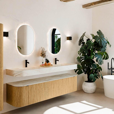 MONDIAZ THOR-DLUX 190cm meuble de salle de bains arrondi gauche + droite couleur Oak avec 2 tiroirs et 2 portes. Vasque suspendue CLOUD Double 2 trous de robinet couleur Ostra.