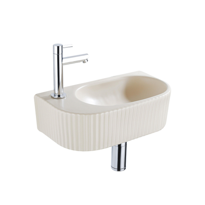 QeramiQ Fuente Fonteinset - 40x21.5x12cm - links - geribbeld - halfrond - 1 kraangat - keramiek - fonteinkraan chroom - afvoerplug - verlaagd sifon - beige