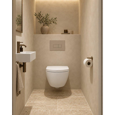 QeramiQ Dely Swirl Compact Toiletset - inbouwreservoir QeramiQ flush - 25mm zitting - kunststof bedieningsplaat taupe - ronde knoppen - mat wit