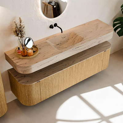 MONDIAZ THOR-DLUX Meuble de salle de bains 170cm arrondi gauche + droite couleur Oak avec 1 tiroir et 2 portes. Vasque suspendue CLOUD Milieu sans trou de robinet couleur Arena.