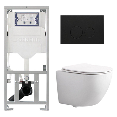 QeramiQ Dely Swirl Compact Toiletset - inbouwreservoir Geberit UP320 - met Burda frame - slim zitting - kunststof bedieningsplaat mat zwart - ronde knoppen - glans wit