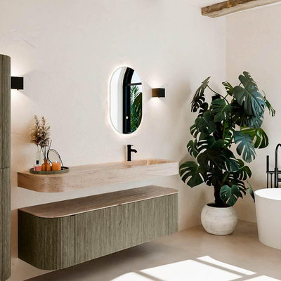 MONDIAZ THOR-DLUX 160cm meuble de salle de bains arrondi gauche + droite couleur Shadow avec 1 tiroir et 2 portes. Vasque suspendue CLOUD Droite 1 trou de robinet couleur Saba.