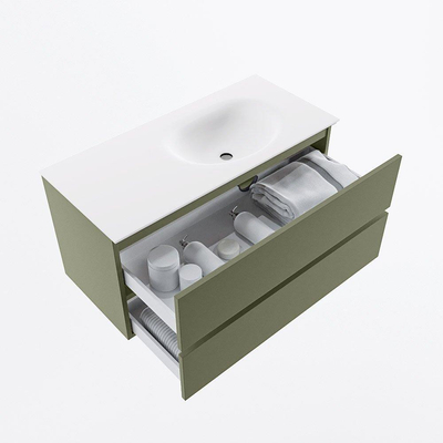 Mondiaz VICA ensemble de meuble de salle de bain - 100cm - meuble sous-vasque armée - 2 tiroirs - lavabo lune droite - sans trous de robinet - version haute de 60cm - talc