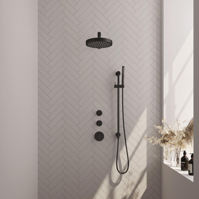 BRAUER Stripe Thermostatische Inbouw Regendouche - SET 07 - 25cm douchekop - rechte muurarm - staaf handdouche - doucheslang - geïntegreerde glijstang - mat zwart