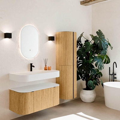 MONDIAZ THOR 100cm meuble de salle de bains arrondi gauche + droite couleur Oak avec 1 tiroir et 2 portes. Vasque suspendue CLOUD Milieu 1 trou de robinet couleur Talc.