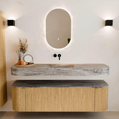 MONDIAZ THOR-DLUX 160cm badmeubel ronding links + rechts kleur Oak met 1 lade en 2 deuren. Vrijhangende wastafel CLOUD Midden zonder kraangat kleur Oza.