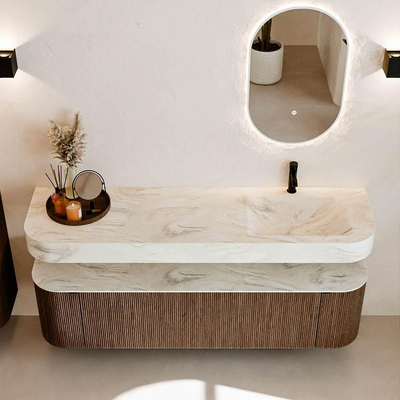 MONDIAZ THOR-DLUX 170cm meuble de salle de bains arrondi gauche + droite couleur Walnut avec 1 tiroir et 2 portes. Vasque suspendue CLOUD Droite 1 trou de robinet couleur Ostra.