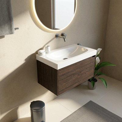 Saniclass Holz Frame Ensemble meuble de salle de bains - 80x45x47.5cm - lavabo Wave en céramique - 1 vasque - sans trou de robinet - 1 tiroir - chêne charcoal mat (bois)