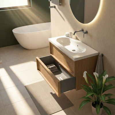 Saniclass Holz Frame Ensemble de meubles de salle de bains - 100x45x63.5cm - lavabo en céramique Palermo blanc - 1 vasque - sans trou de robinetterie - 2 tiroirs - chêne natural mat (bois)