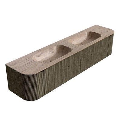 MONDIAZ KURVE-DLUX Meuble de salle de bains 200cm arrondi Gauche + Droite couleur Shadow avec 2 tiroirs et 2 portes. Lavabo STOR SMALL Double 2 trous de robinet Saba.