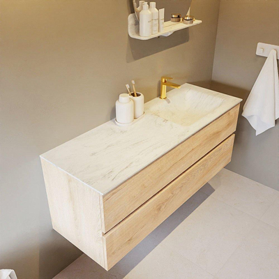 Mondiaz VICA-DLUX Ensemble de meuble de salle de bain - 130cm - meuble sous-vasque chêne blanchi - 2 tiroirs - lavabo encastré cloud droite - 1 trou de robinet - version haute de 60cm - opalo