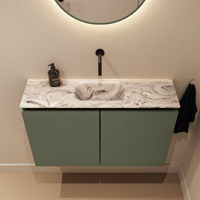 MONDIAZ TURE-DLUX Meuble toilette - 80cm - Army - EDEN - vasque Glace - position centrale - sans trou de robinet