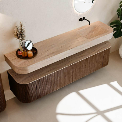 MONDIAZ THOR-DLUX 190cm badmeubel ronding links + rechts kleur Walnut met 2 lades en 2 deuren. Vrijhangende wastafel CLOUD Rechts zonder kraangat kleur Saba.