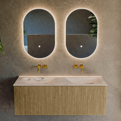 MONDIAZ KURVE-DLUX meuble de salle de bains 120cm couleur Dusk avec 1 tiroir et 0 porte. Lavabo LEAF Double sans trou de robinet Nata.