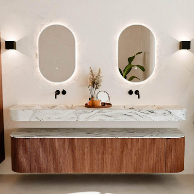 MONDIAZ THOR-DLUX 200cm meuble de salle de bains arrondi gauche + droite couleur Ruby avec 2 tiroirs et 2 portes. Vasque suspendue CLOUD Double sans trou de robinet couleur Glace.