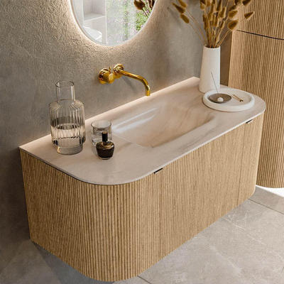 MONDIAZ KURVE-DLUX 100cm badmeubel ronding Links + Rechts kleur Oak met 1 lade en 2 deuren. Wastafel GRUNNE Midden zonder kraangat Meli.